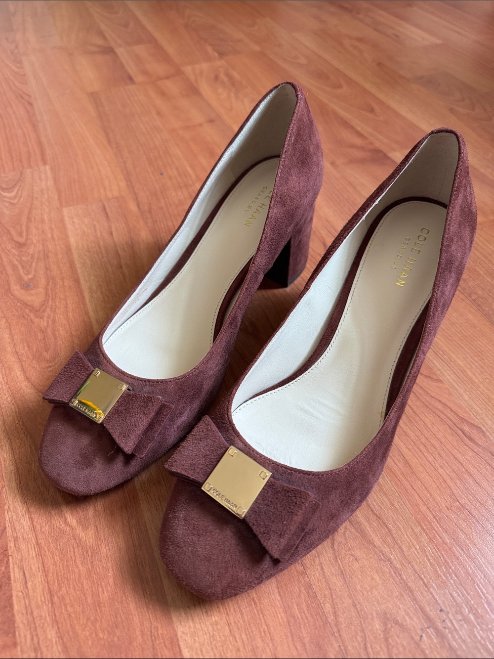 Cole Haan Burgundy Suede Bow Block Heels with Gold Plaque